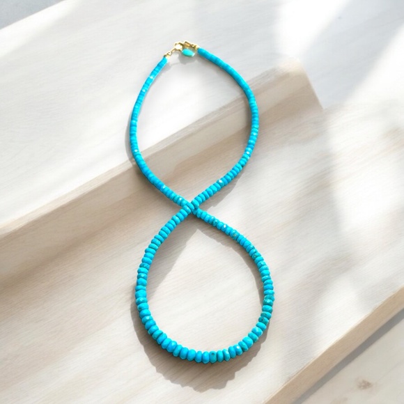 Handmade Natural Arizona Turquoise Necklace in Solid 14k Yellow Gold - Picture 5 of 11